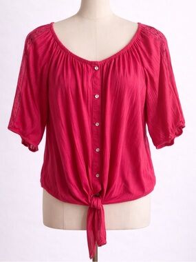 French Laundry Hot Pink Button-Front Tie Hem Blouse